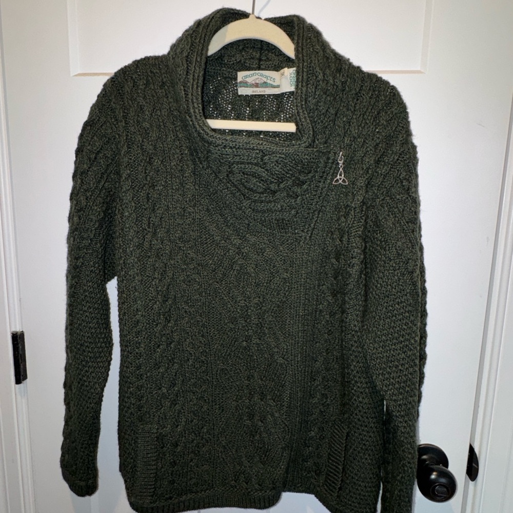 Aran Crafts Dark Green Cowl Neck Merino Wool Sweater